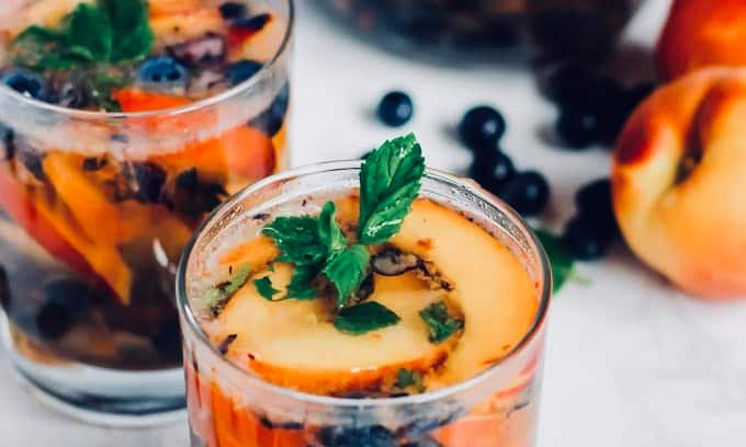 peach blueberry sangria mocktails mint drinks summer vegan