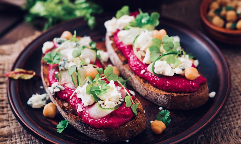 Vegan toast ideas with beet hummus